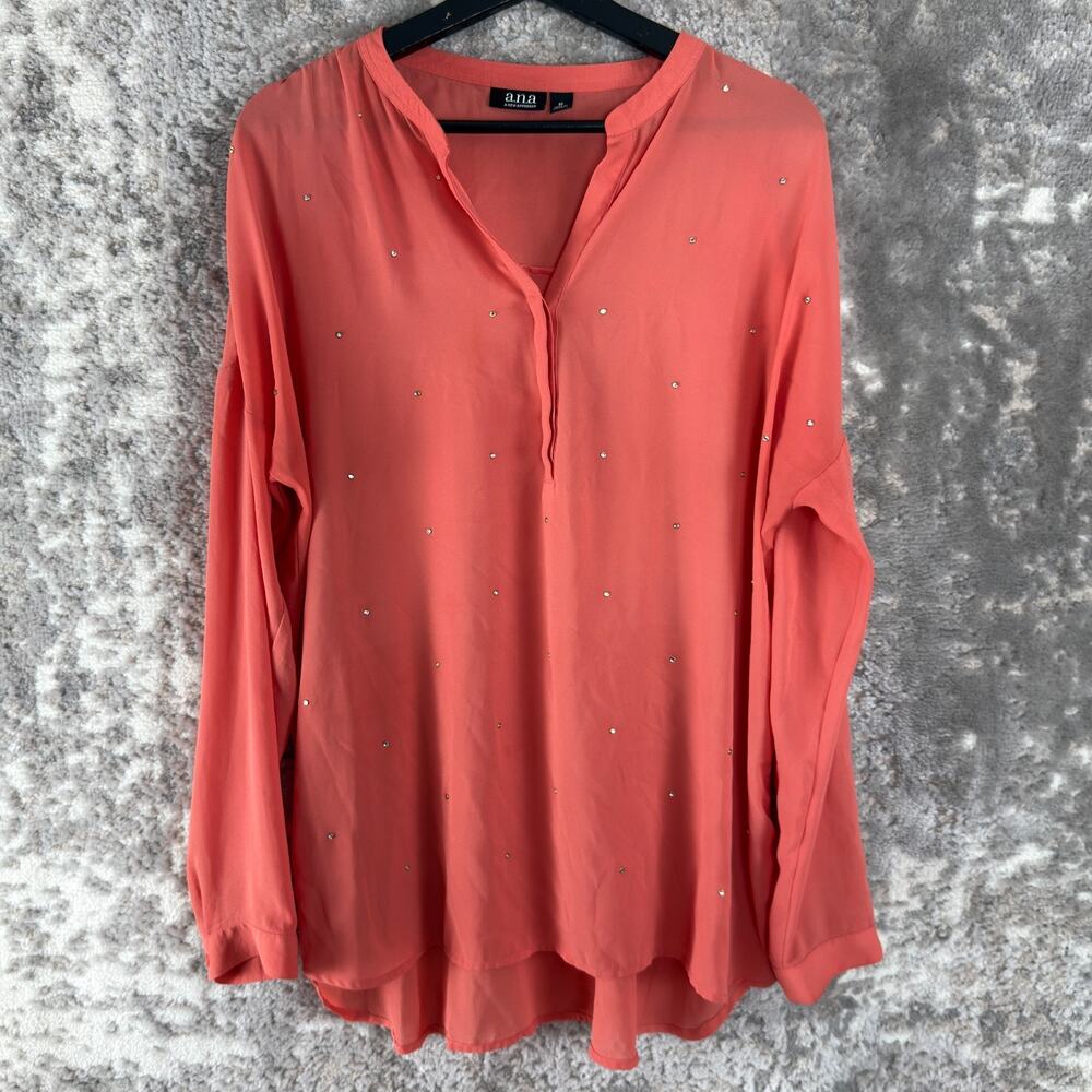 Ana A‎ New Approach Size M Rhinestone V Neck Top Pink Long Sleeve Casual